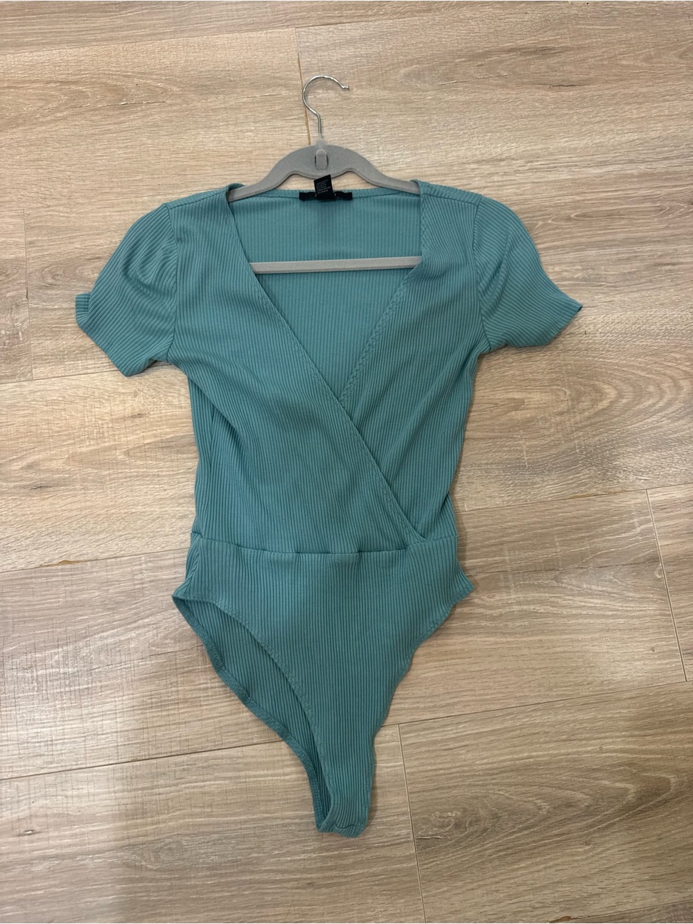 Forever 21 Teal Ribbed deep v-neck wrap style Short-Sleeve One-Piece Bodysuit